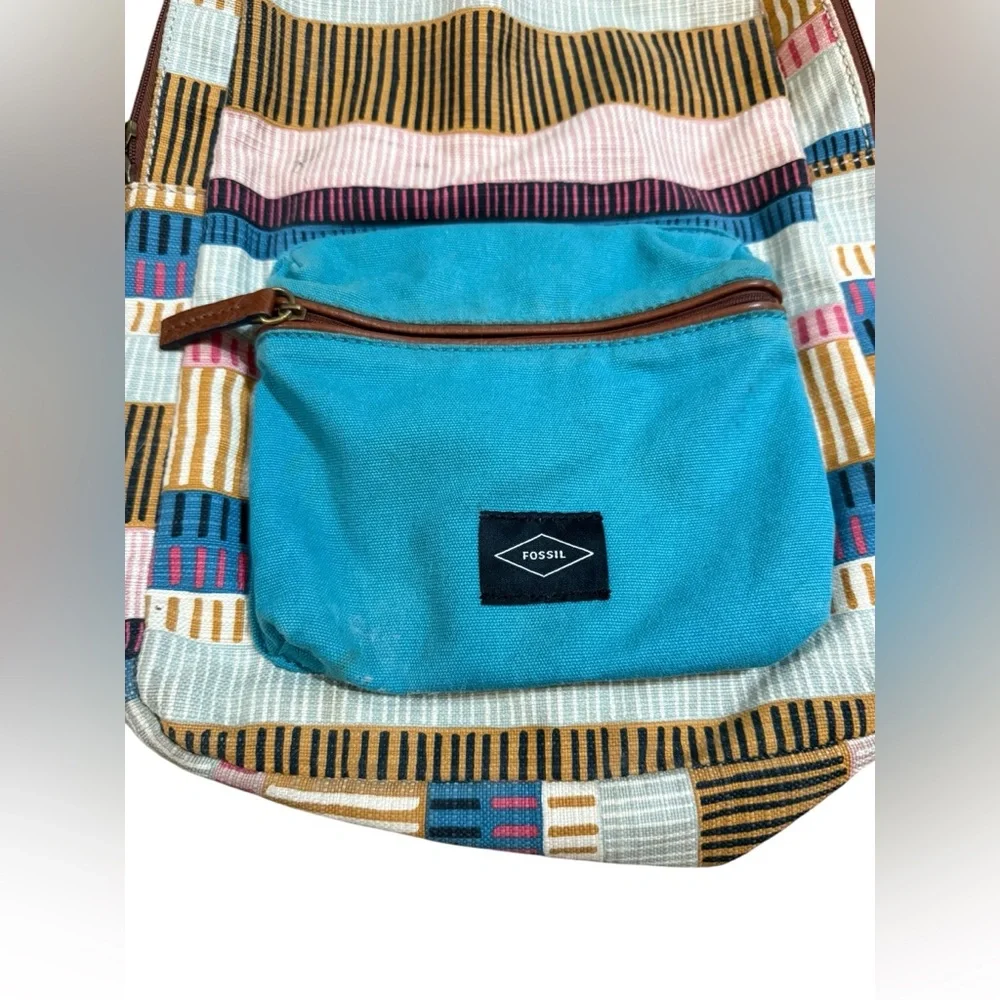 Fossil Multicolor Canvas Backpack‎ Teal Blue Front Pocket Boho Retro Style